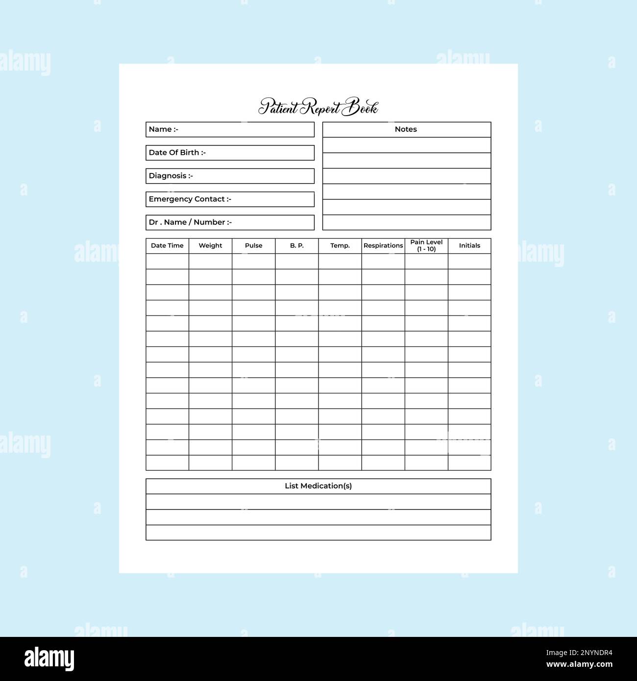 Nurse patient report journal KDP interior. Nurse patient admission info
