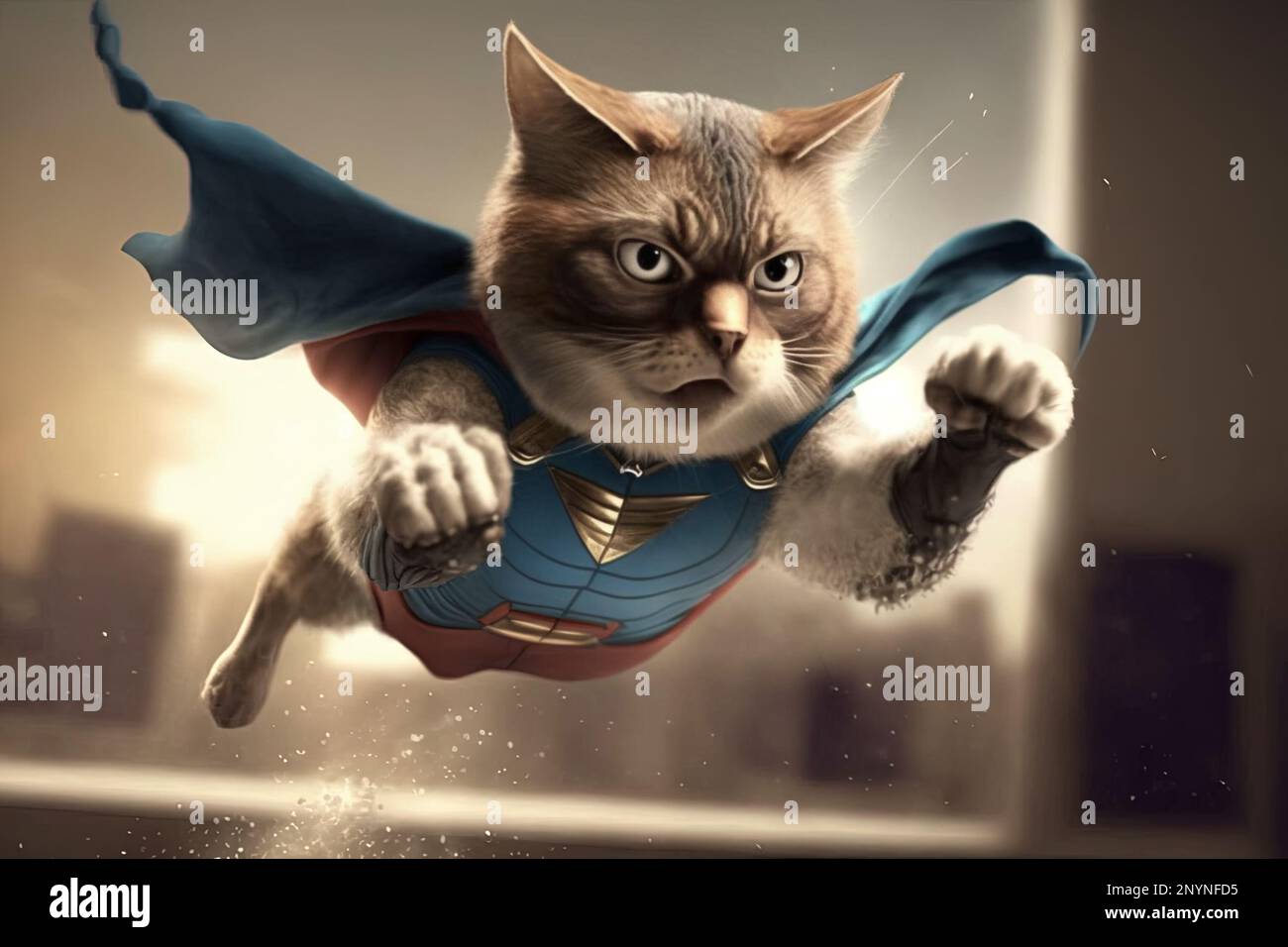 Flying cat superman concept, supercat, superhero, retro comix, fluffy