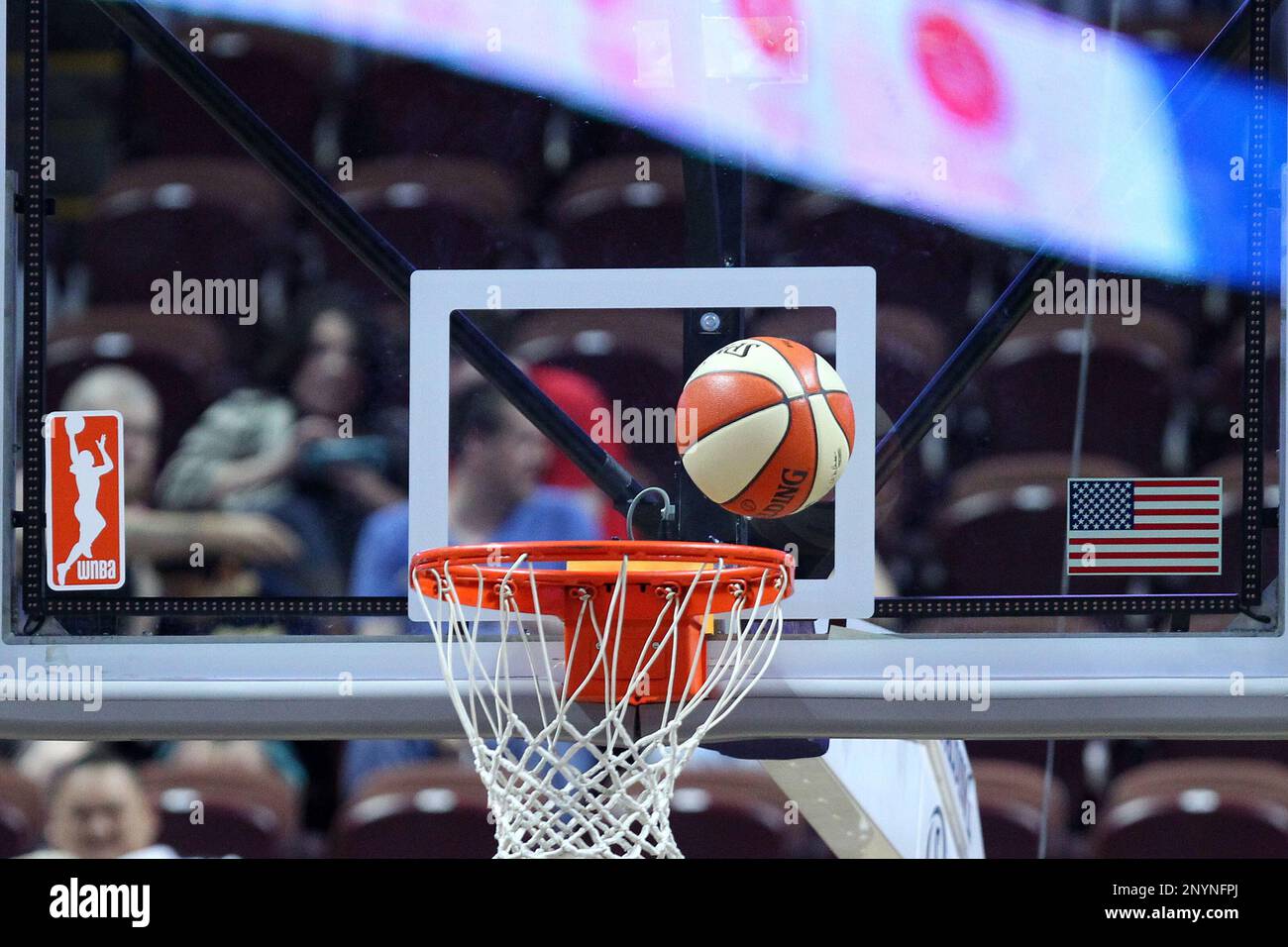 UNCASVILLE, CT - JUNE 14: The game ball bounces on the rim during the ...
