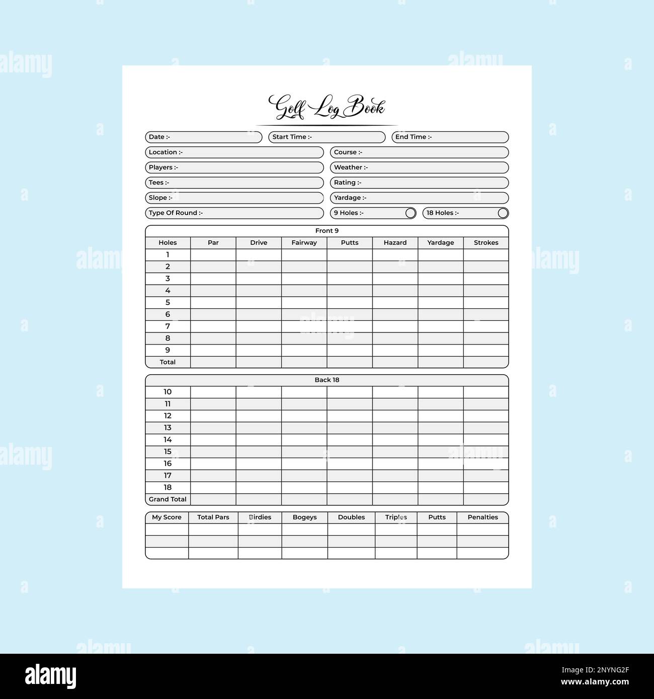 Golf score tracker KDP interior journal. Golf regular score calculator and location tracker template. KDP interior notebook. Golf player information t Stock Vector