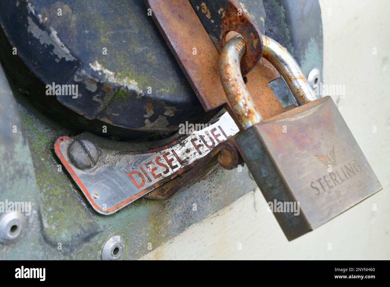 padlock on locking fuel cap on diesel engined landrover Stock Photo