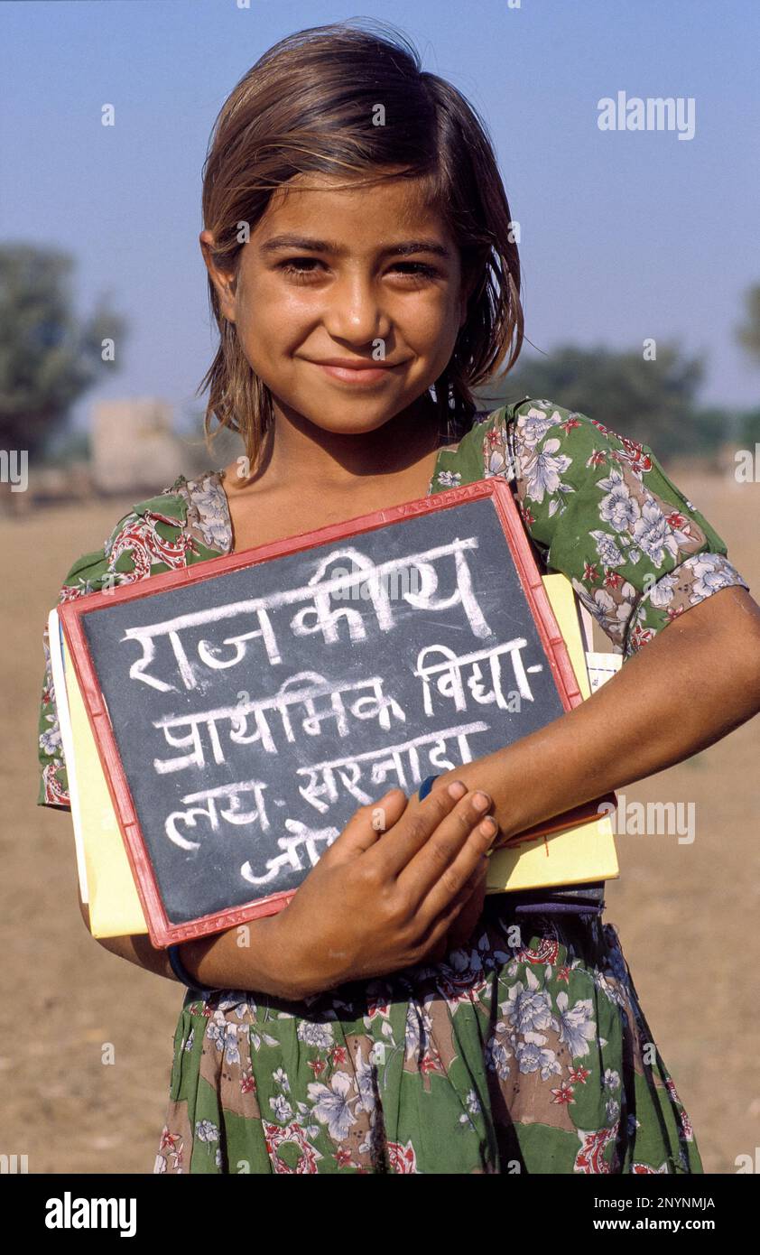 India, Rajasthan. A girl with her slate. Stock Photo