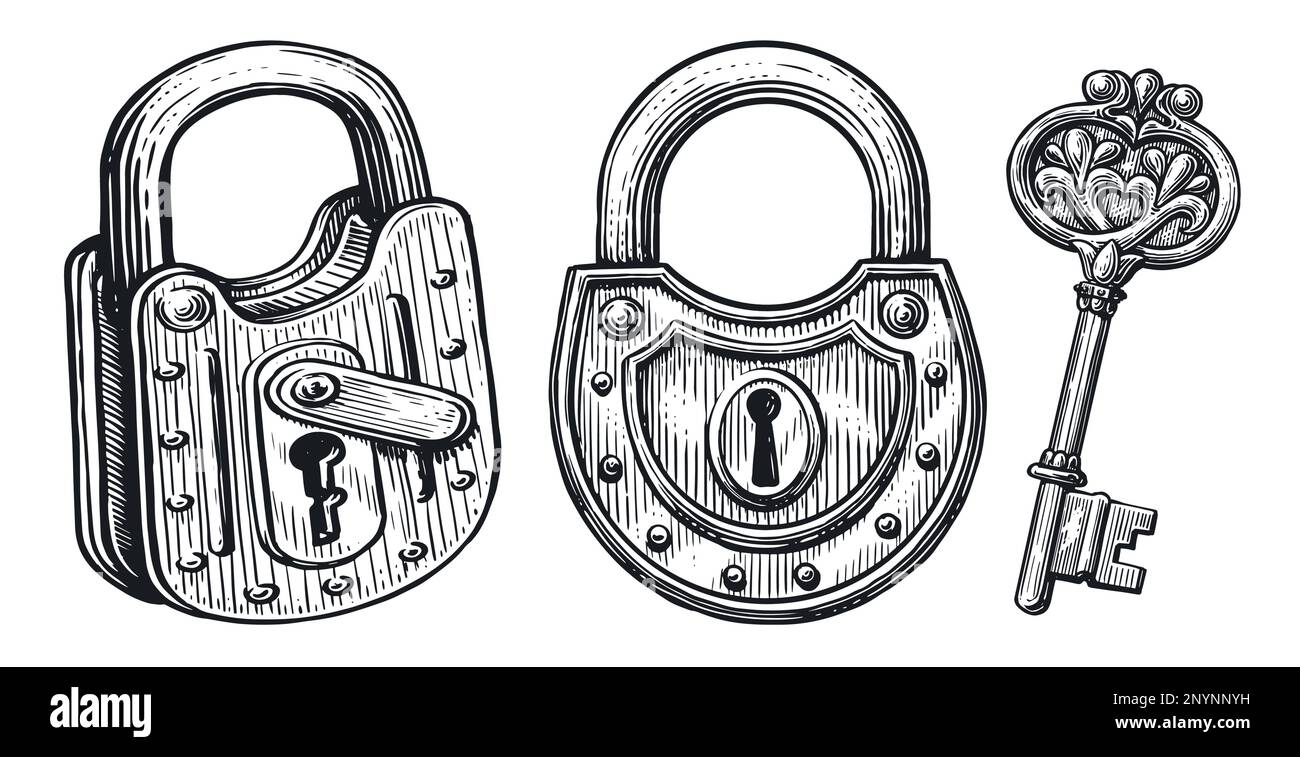 Key and lock, closed padlock set. Hand drawn vintage sketch vector illustration Stock Vector