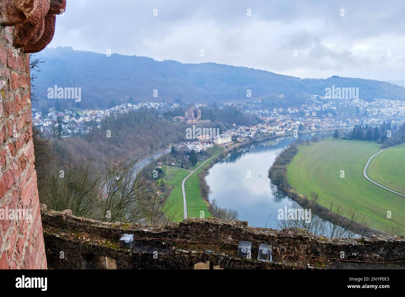 View over the Neckar valley and the Town of Four Castles Neckarsteinach, Hesse, Germany, Europe. Stock Photo
