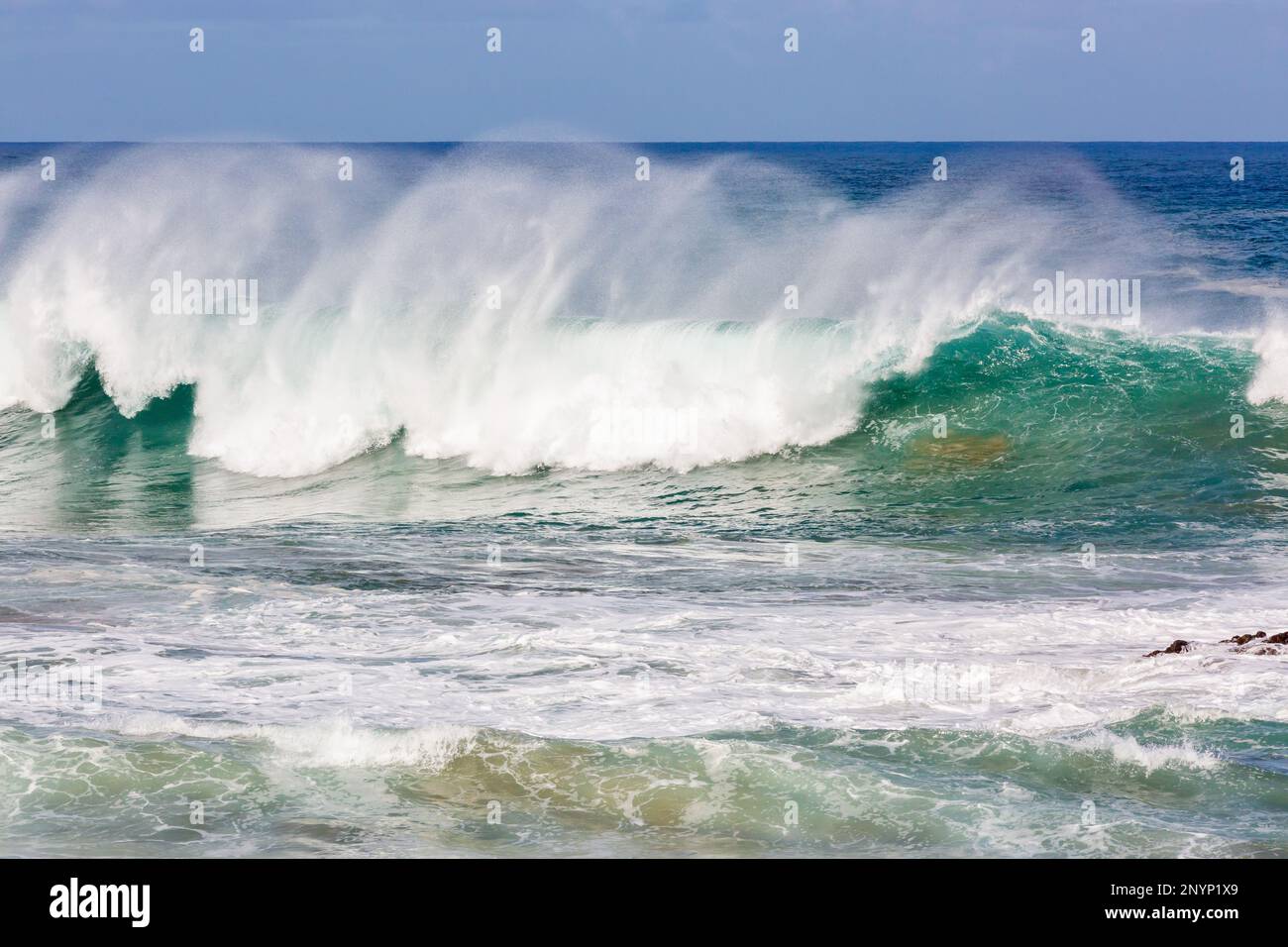 'Hairy' waves advancing against the wind in Los Molinos, Fuerteventura. Stock Photo