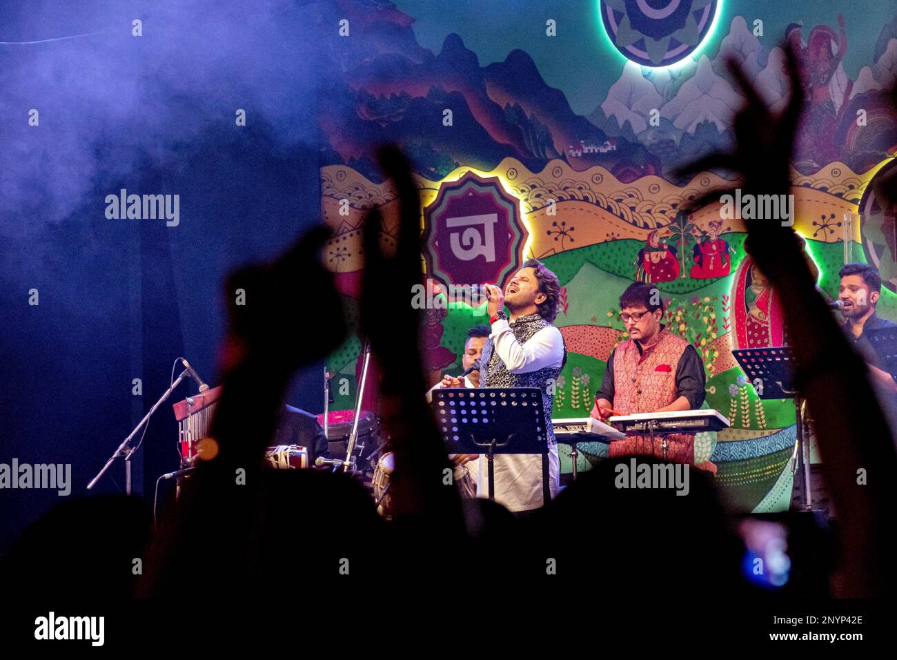 February 25, 2023, New Delhi, Delhi, India: Indian playback singer Javed Ali performing in the capital city Delhi during the Arth â€“ A Culture Fest, is one of Indiaâ€™s biggest cultural festivals. It is a celebration of India and her roots and an attempt to rediscover the brilliance of Indian literature, culture, heritage, society, music, art, and history..From Kun Faya Kun to Arziyaan, Javed Ali brings his powerful and soulful voice and appealing renditions..Javed Ali is an Indian playback singer who predominantly sings in Hindi. He has also sung in various Indian languages including Bengali Stock Photo