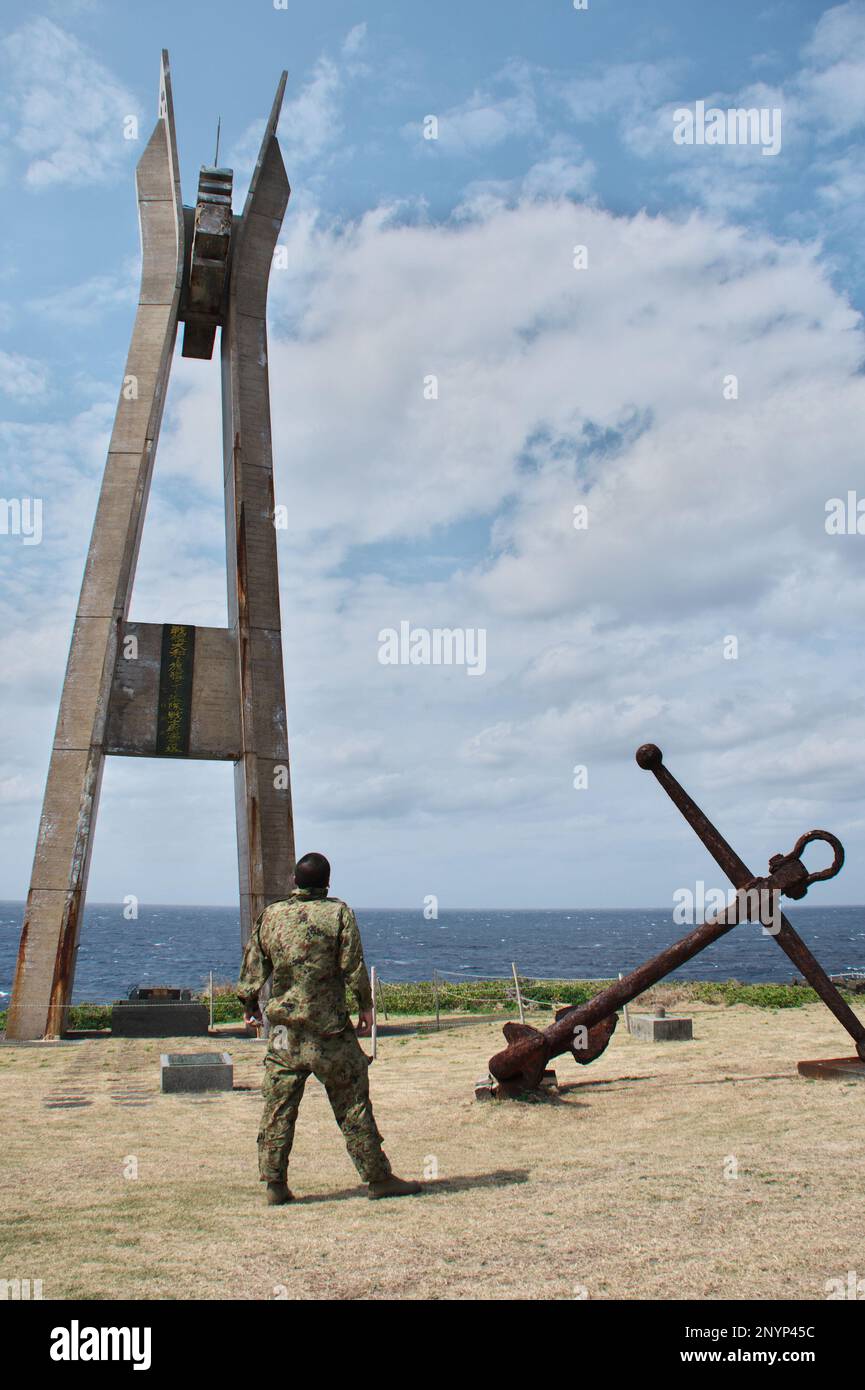 Isen, Japan. 02nd Mar, 2023. Member of Japan Ground Self-Defense Force is seen visits at the memorial tower for Japanese battleship Yamato and the 2nd Fleet of the Imperial Japanese Navy for war victim of World War II at Tokunoshima Island, Kagoshima-Prefecture, Japan on Thursday, March 2, 2023. Photo by Keizo Mori/UPI Credit: UPI/Alamy Live News Stock Photo