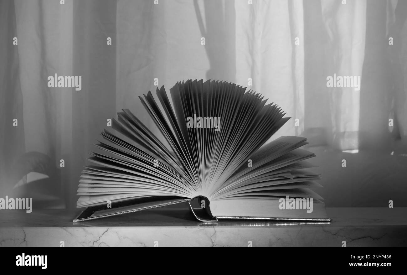 Open Book with spotlight,reading,education,learning concept, black and white, good copy space