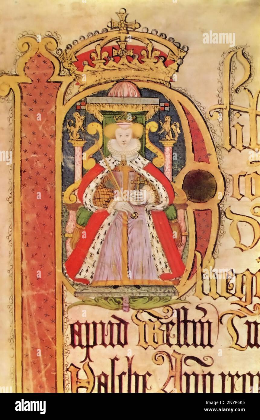 Elizabeth I (1533-1603), 1589. A portrait taken from the Easter plea roll (K.B. 27/1309). Plea rolls are parchment rolls recording details of legal suits or actions in a court of law in England. Courts began recording their proceedings in plea rolls and filing writs from their foundation at the end of the 12th century. Stock Photo