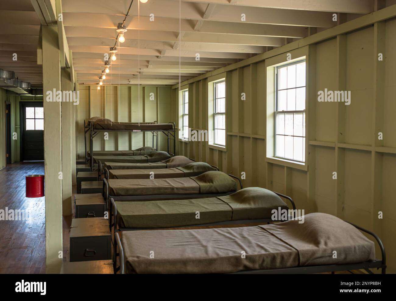 Bunks in a World War Two barracks on the grounds of the General George Patton Museum at the Fort Knox Army base Stock Photo