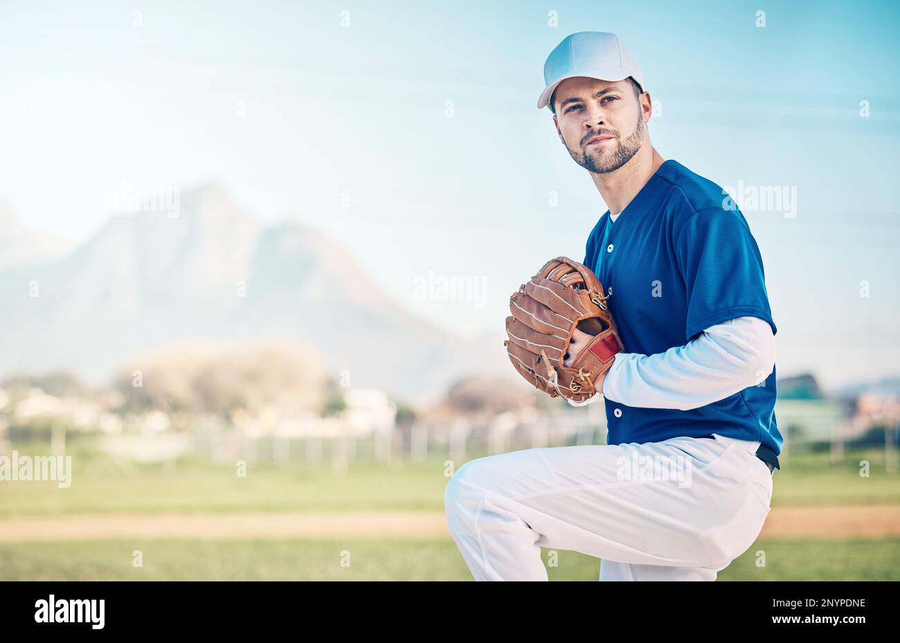 Sports athlete, baseball field and man focus on competition mock up