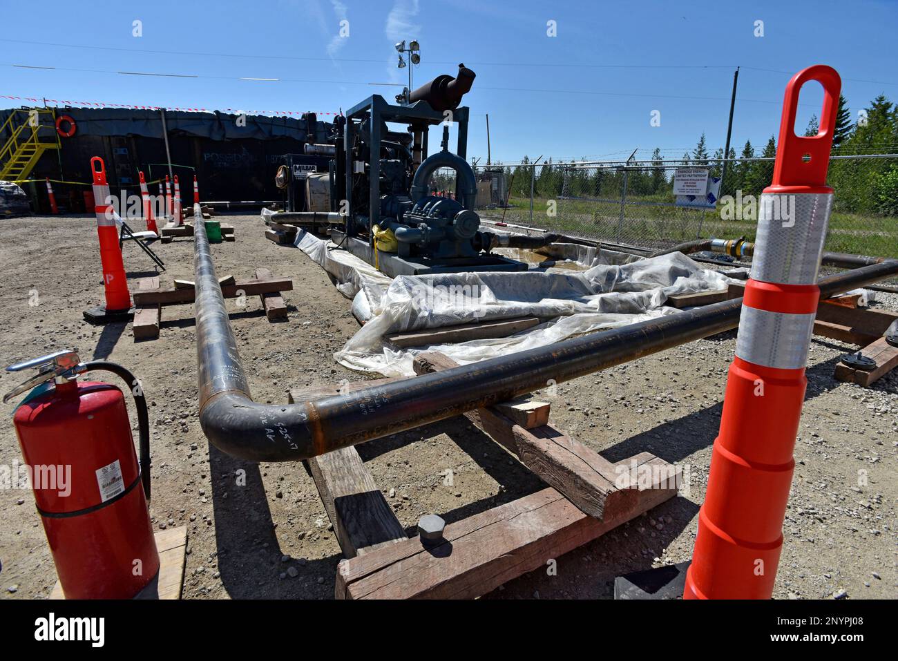 Enbridge built this 350,000 gallon temporary water tank (like a giant,  above-ground swimming pool) to flush the pipelines as workers prepare to  pressure test the west leg of the Line Five pipeline
