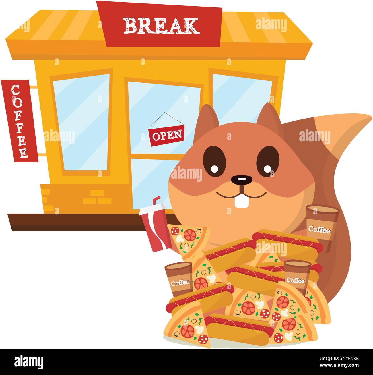 Squirrel with pizza, hot dog and coffee. Lunch Break. Vector graphics