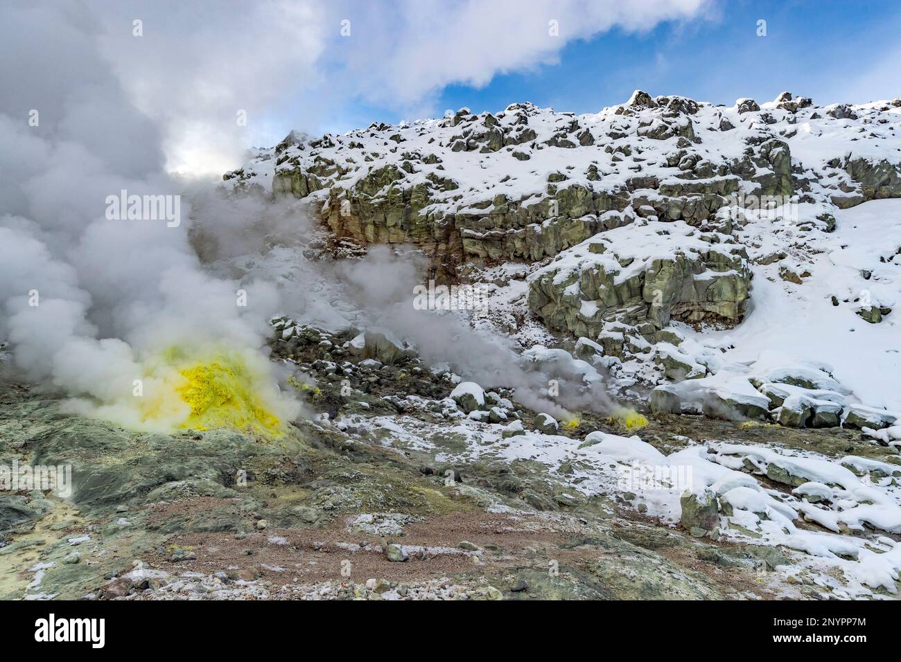 Active sulphur vents at Mt. Iozan ('Sulphur Mountain') in Akan Mashu National Park, Hokkaido, Japan. Stock Photo