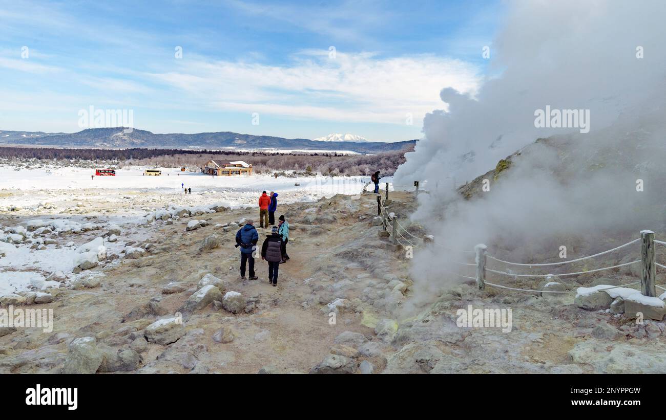 Tourists at the active sulphur vents at Mt. Iozan ('Sulphur Mountain') in Akan Mashu National Park, Hokkaido, Japan. Stock Photo