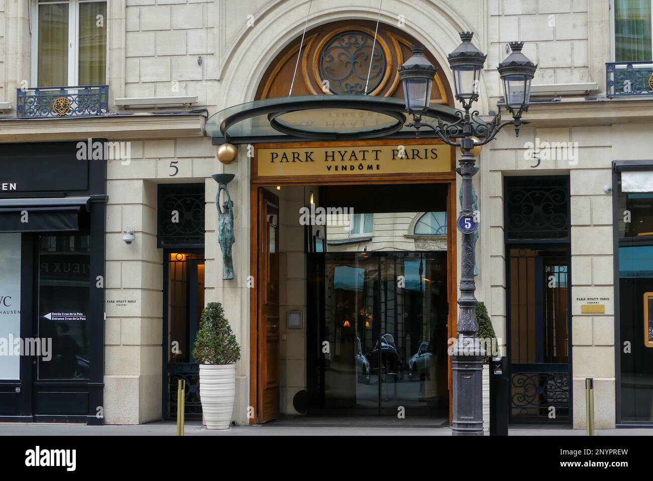 Paris, France. February 19. 2023. Luxury hotel with five star distinction. Parisian palace located Rue de la Paix. Park Hyatt paris Vendome. Stock Photo