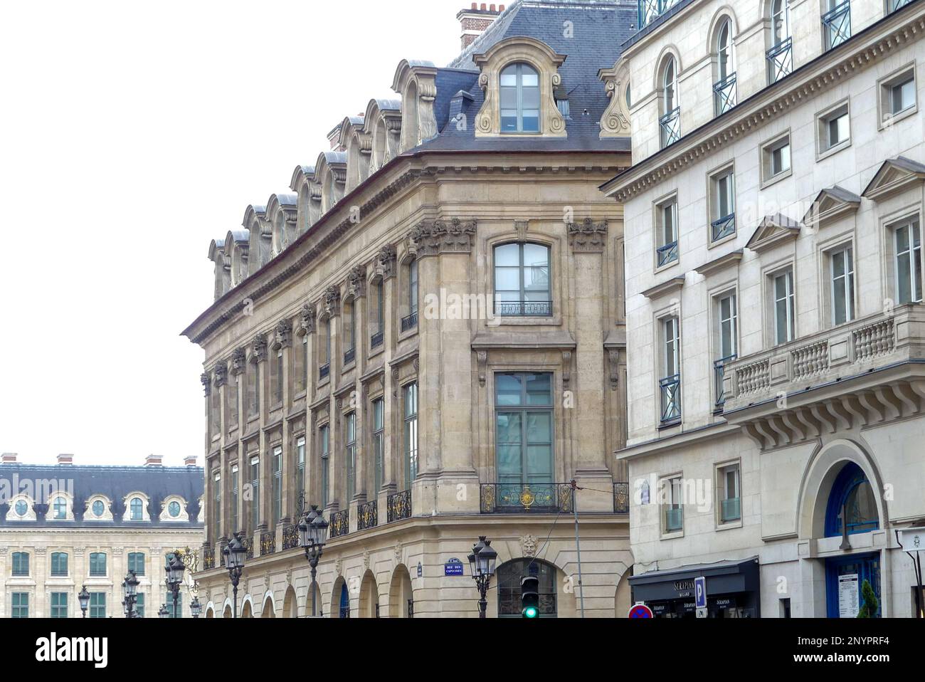 Paris, France. February 19. 2023. Parisian architecture with balconies for the apartments. Dating from the 19th century. Located on Rue de la Paix. Stock Photo