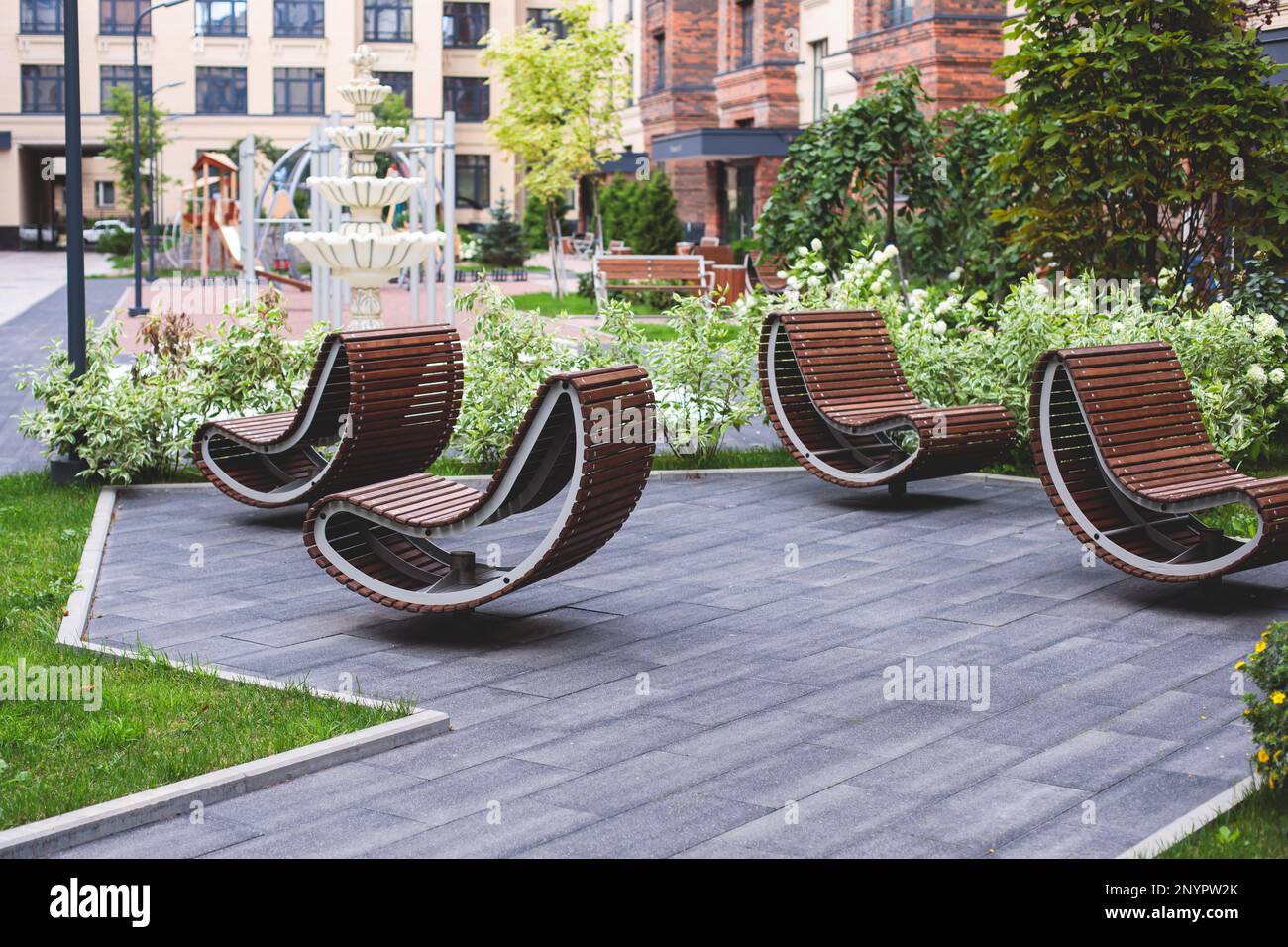 Modern european residential apartment complex yard territory, multi