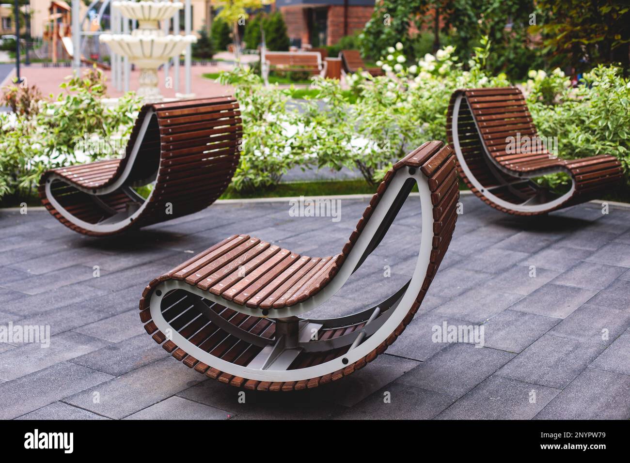 Modern european residential apartment complex yard territory, multi