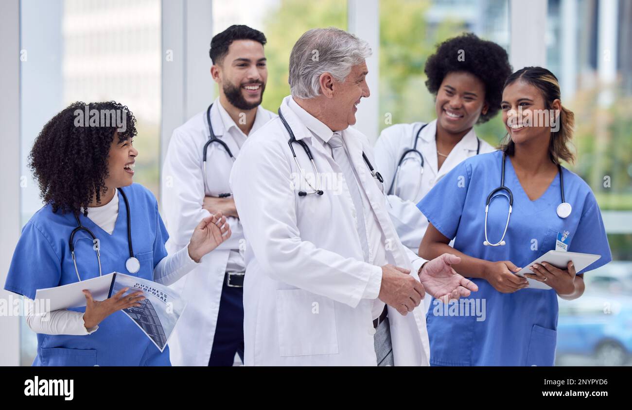 Doctors, nurses or laughing in hospital diversity, teamwork or
