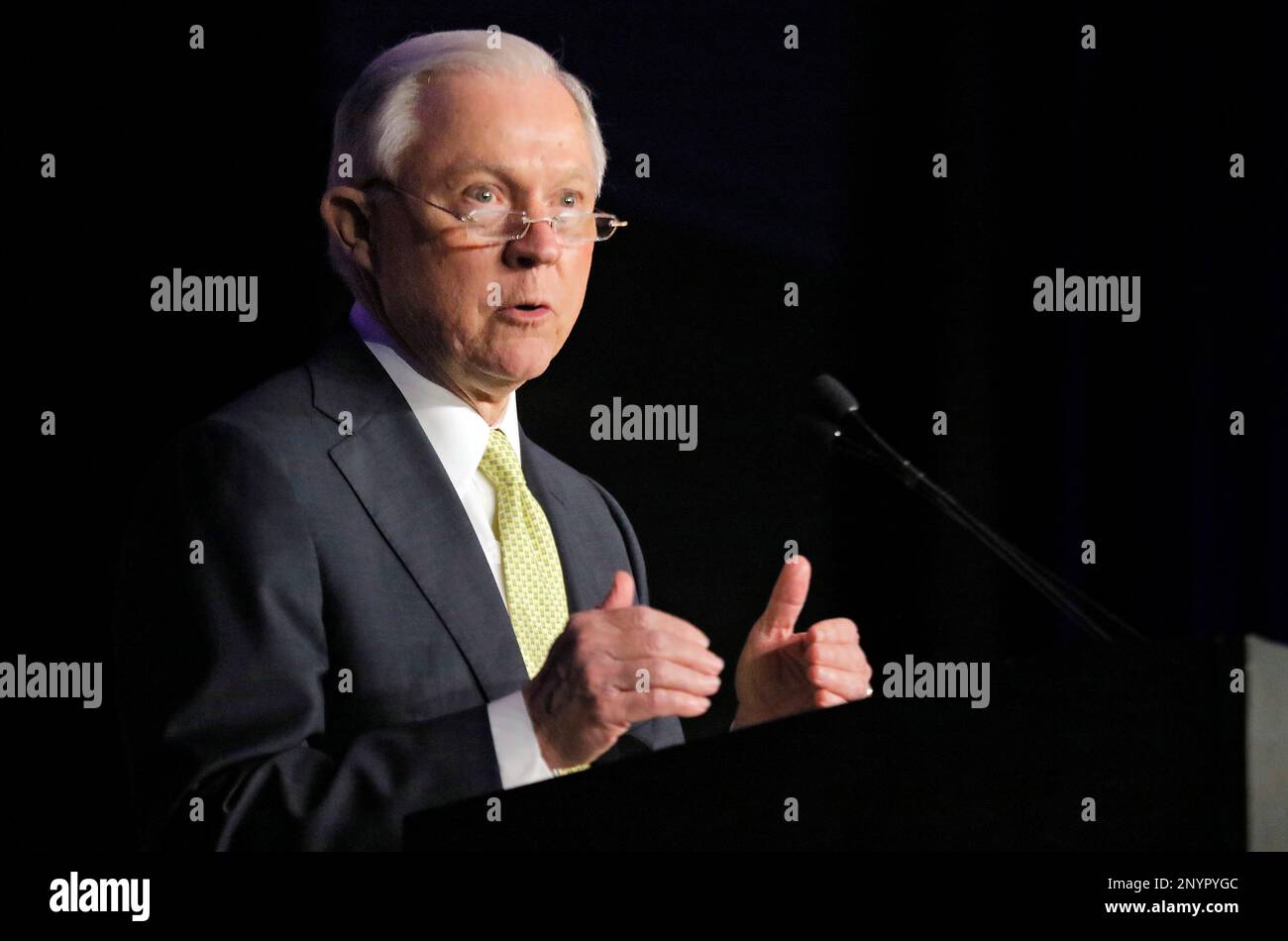 U.S. Attorney General Jeff Sessions speaks at the opening session of the National Law Enforcement Conference on Human Exploitation at the Sheraton Atlanta Hotel, Tuesday morning, June 6, 2017, in Atlanta. (Bob Andres/Atlanta Journal-Constitution via AP) Stock Photo