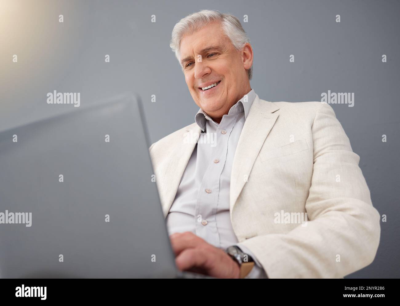 Senior business man, laptop and studio background for planning, online ...