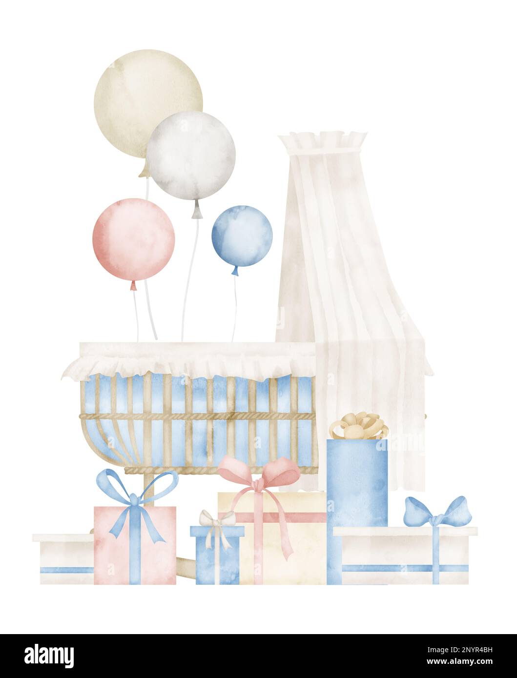 Baby Cradle with air Balloons and Presents in pastel blue and beige colors for newborn shower greeting cards or invitations. Hand drawn vintage illustration on isolated background for childish design. Stock Photo