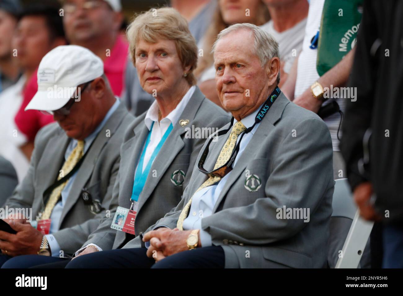 DUBLIN, OH - JUNE 04 Jack Nicklaus and his wife Barbara Nicklaus watch the finish on the 18th hole during the Memorial Tournament