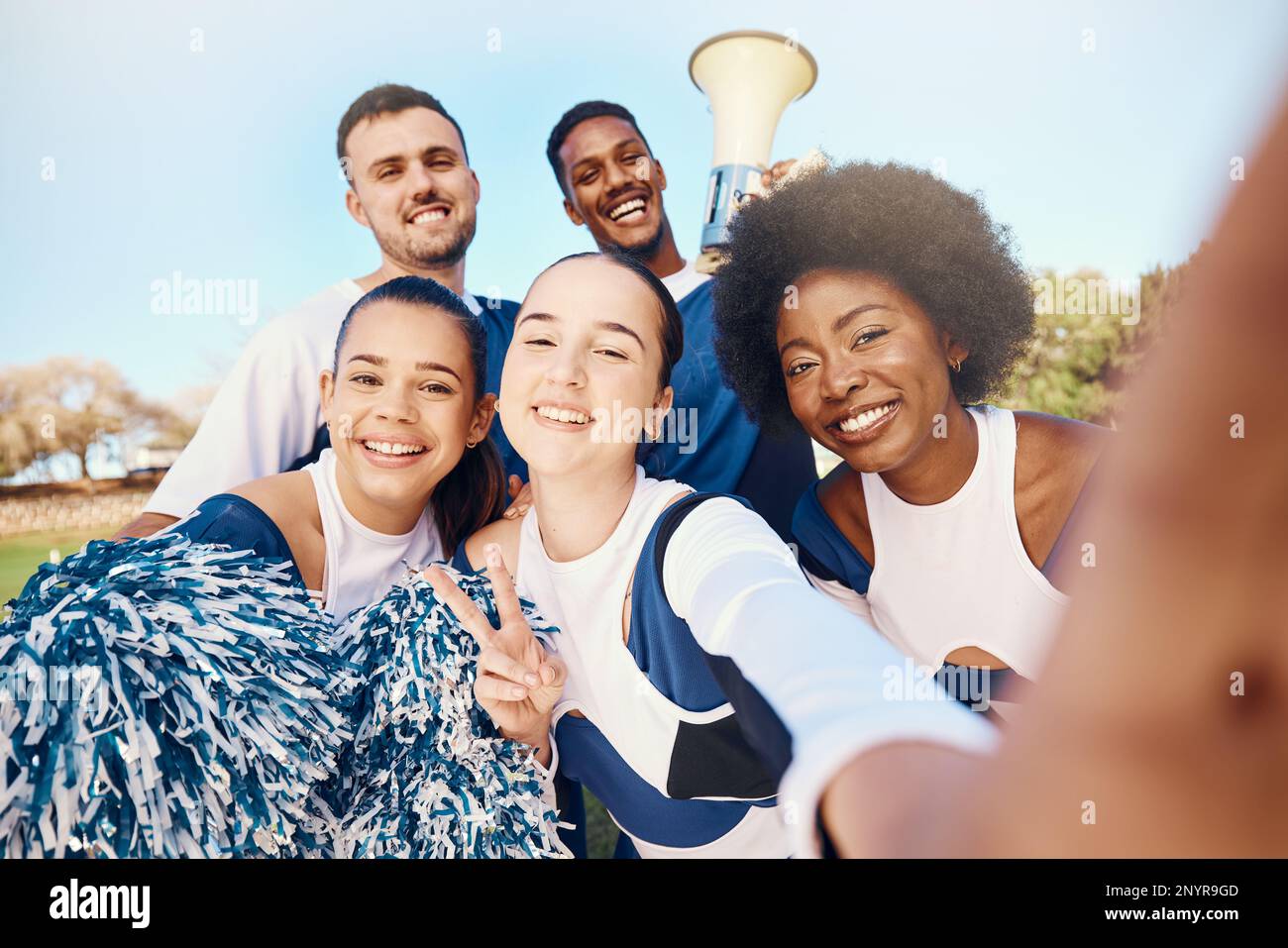Selfie, team and cheerleader friends outdoor, sports and smile with victory, netball and excited together. Portrait, men and women outside, happiness Stock Photo