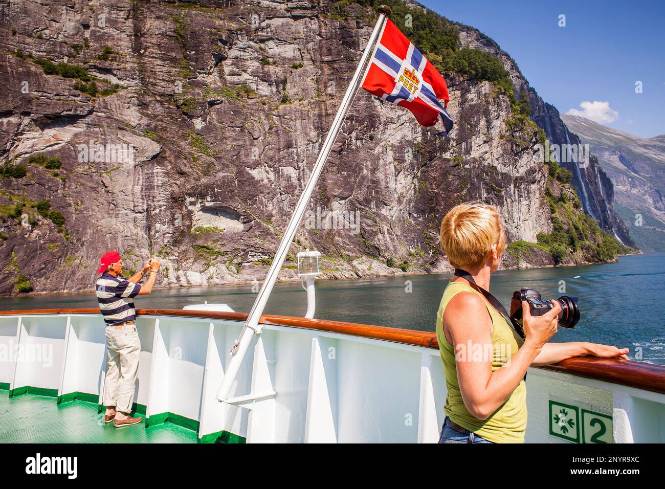 Tourists, Ferry between Geiranger and Hellesylt, Geirangerfjord, More og Romsdal, Norway Stock