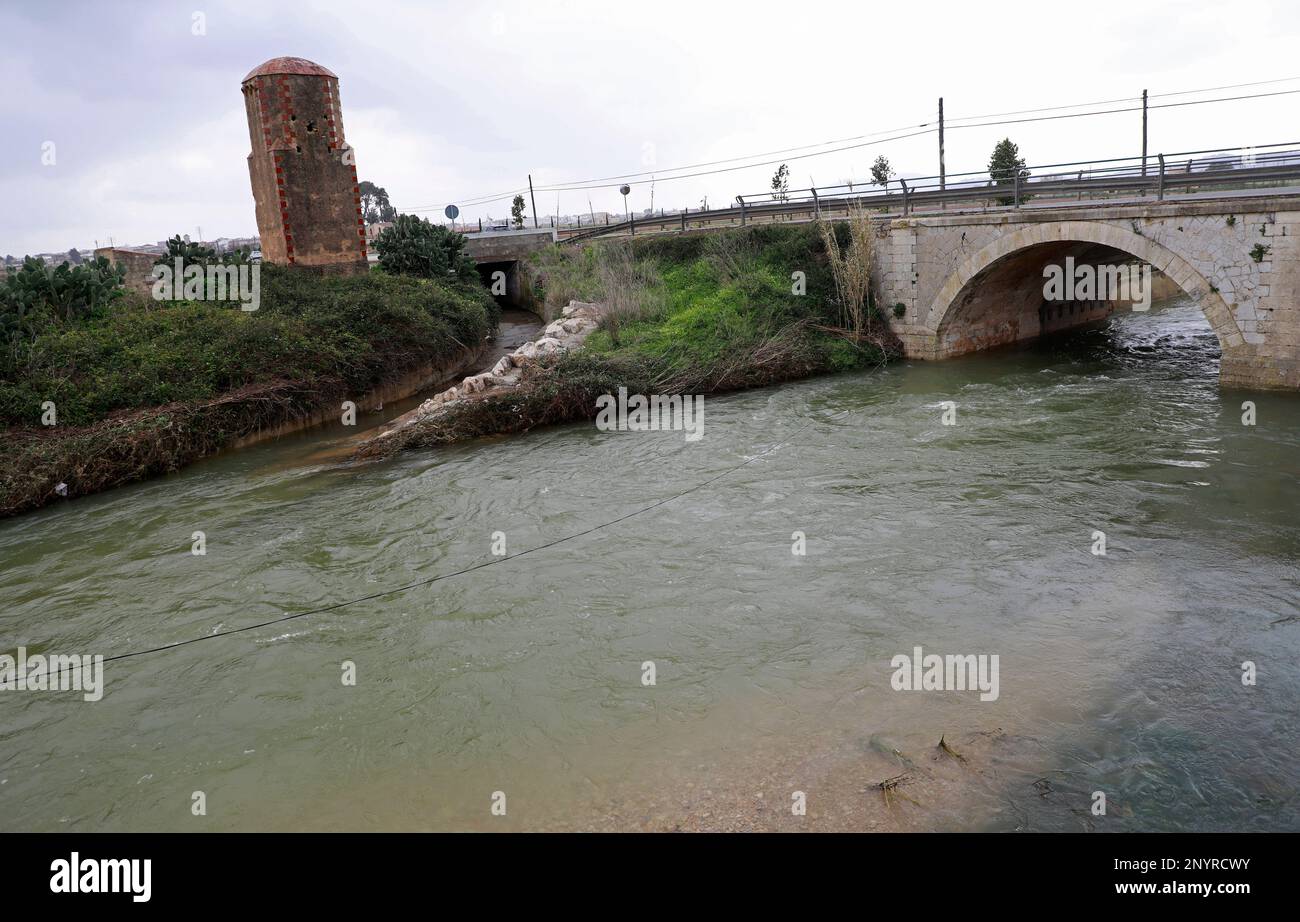 Sa Pobla, Spain. 02nd Mar, 2023. Torrent de Buger is full of water after heavy rains. Credit: Clara Margais/dpa/Alamy Live News Stock Photo