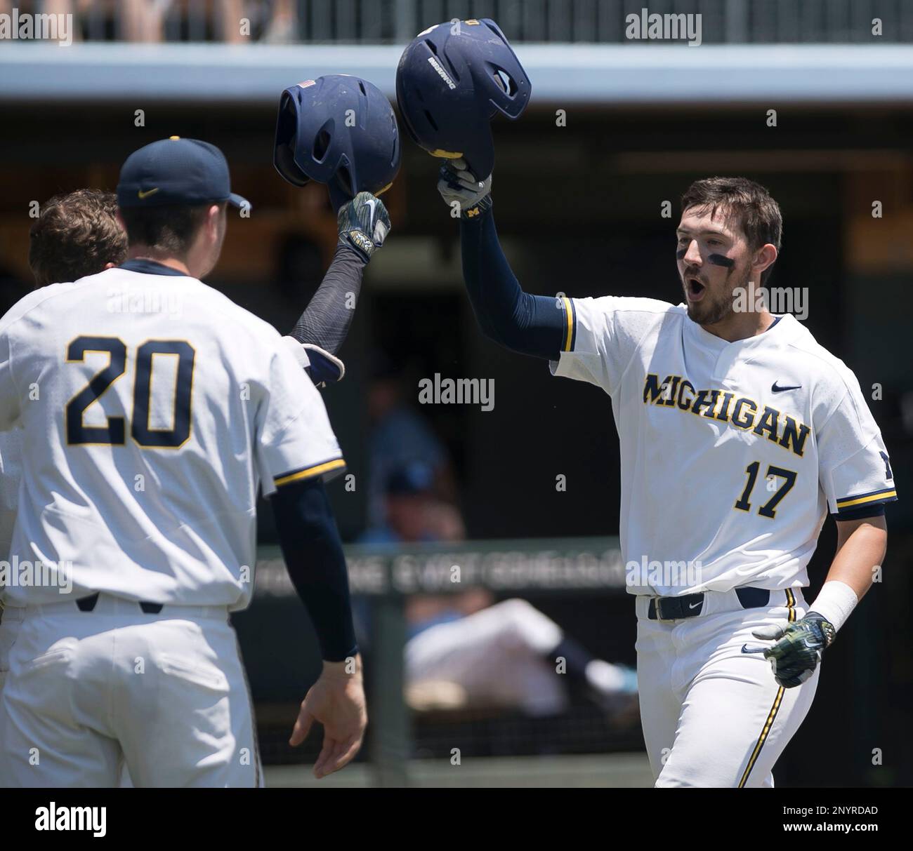 Michigan's Drew Lugbauer (17) celebrates after a home run in the second  inning against North Carolina in their NCAA regional baseball game on  Saturday June 3, 2017 at Boshamer Stadium in Chapel