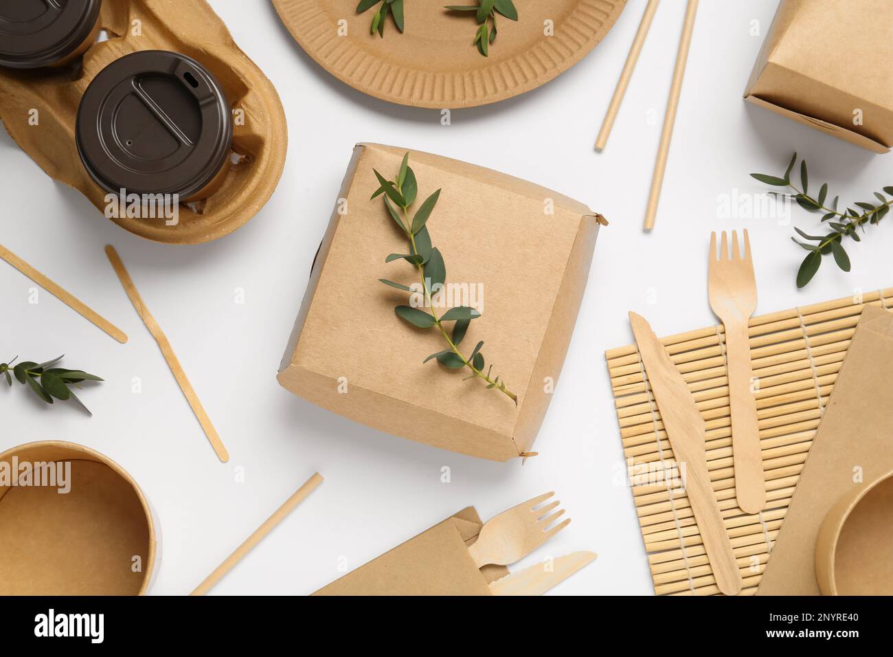 Flat lay with eco friendly products on light background Stock Photo - Alamy