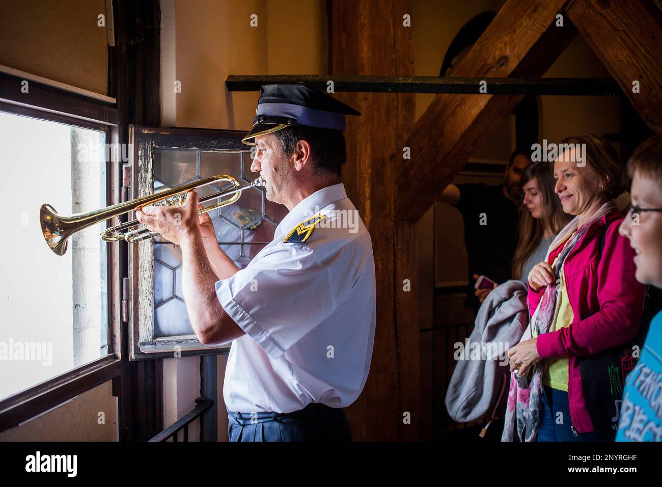 Every hour trumpeter plays anthem from St Mary's Church Tower.Poland ...