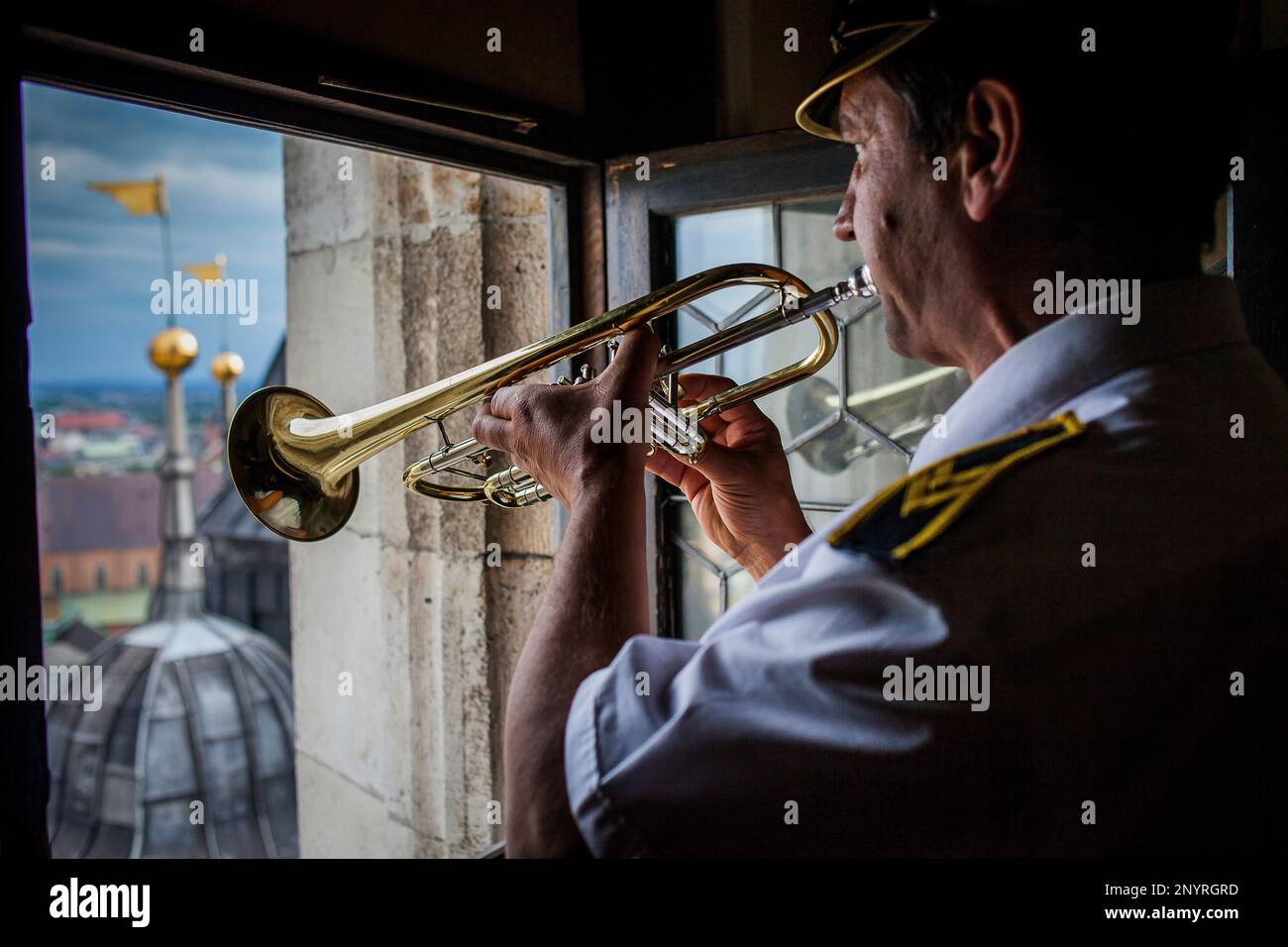 Every hour trumpeter plays anthem from St Mary's Church Tower.Poland ...