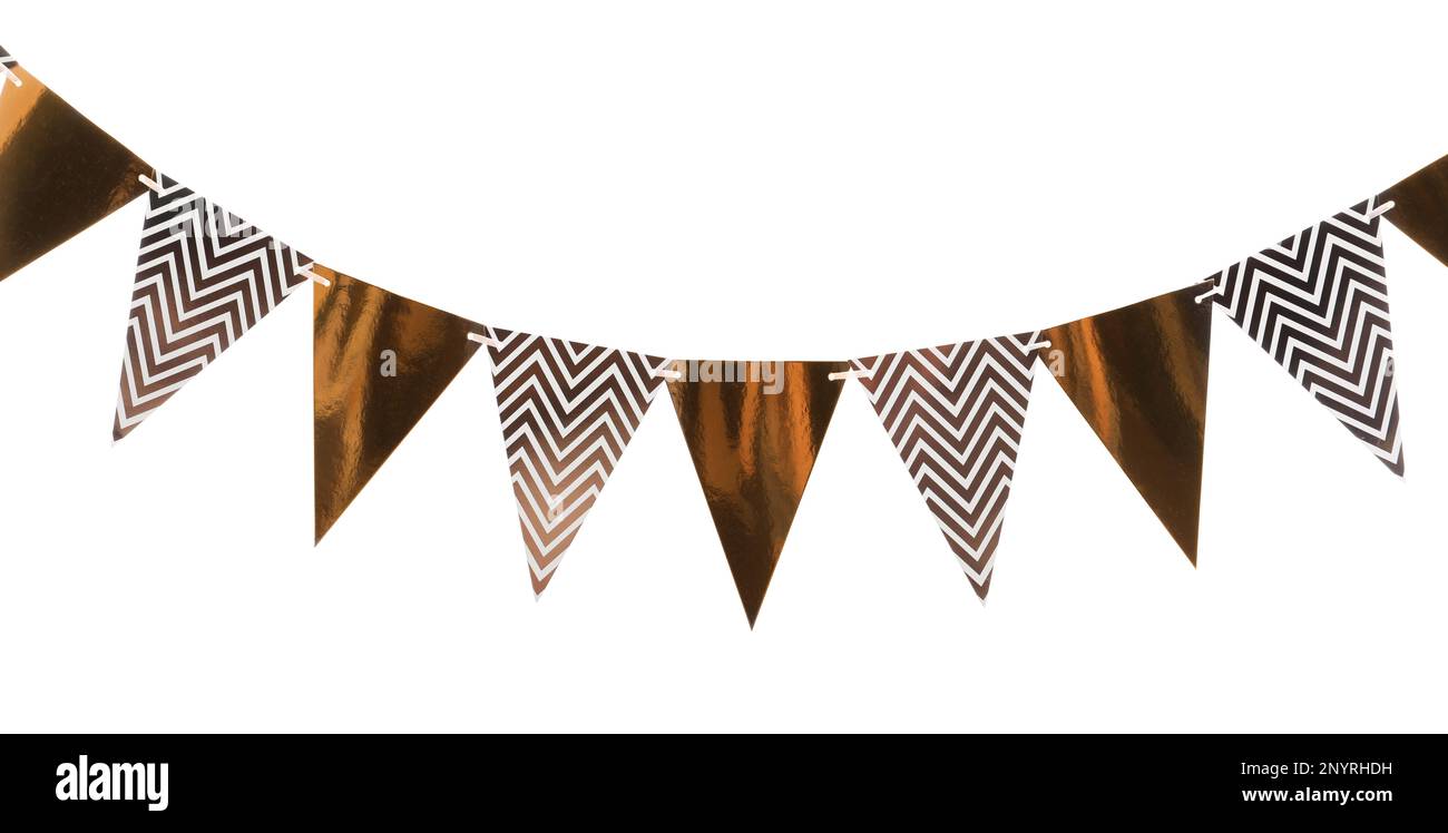 Triangular bunting flags on white background. Festive decor Stock Photo ...