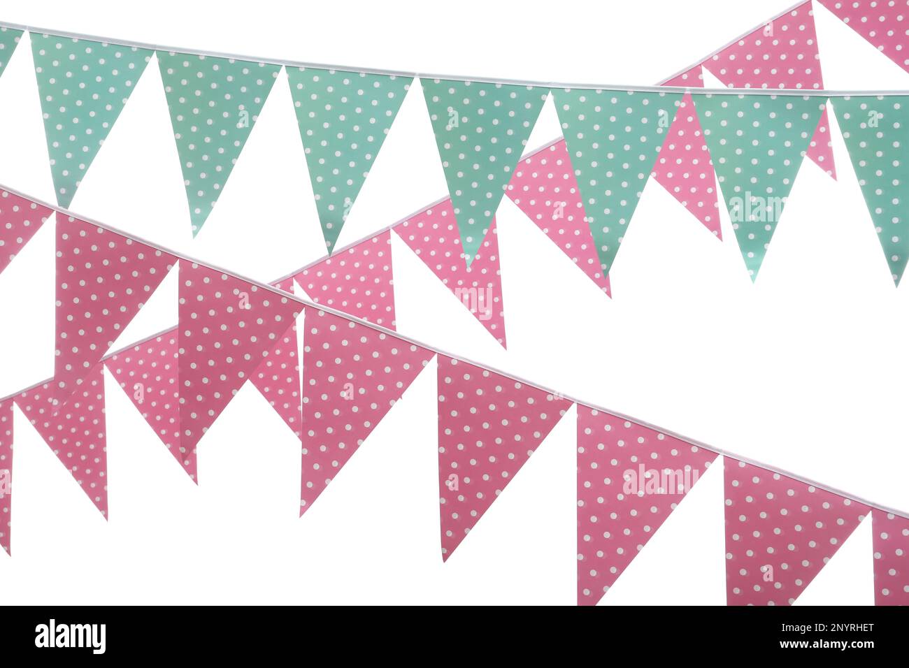 Rows of triangular bunting flags on white background. Festive decor ...