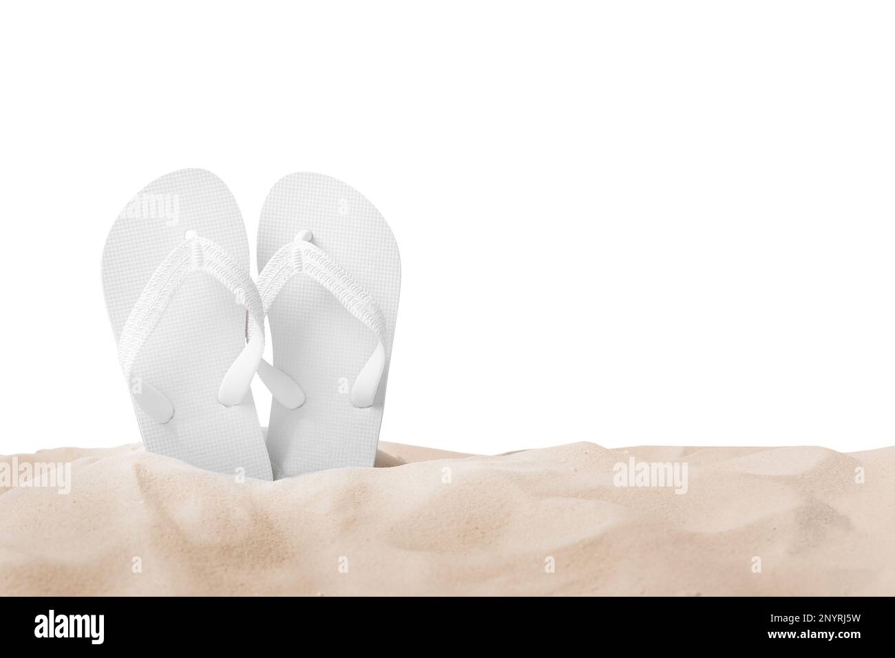 Bright flip flops in sand on white background Stock Photo - Alamy