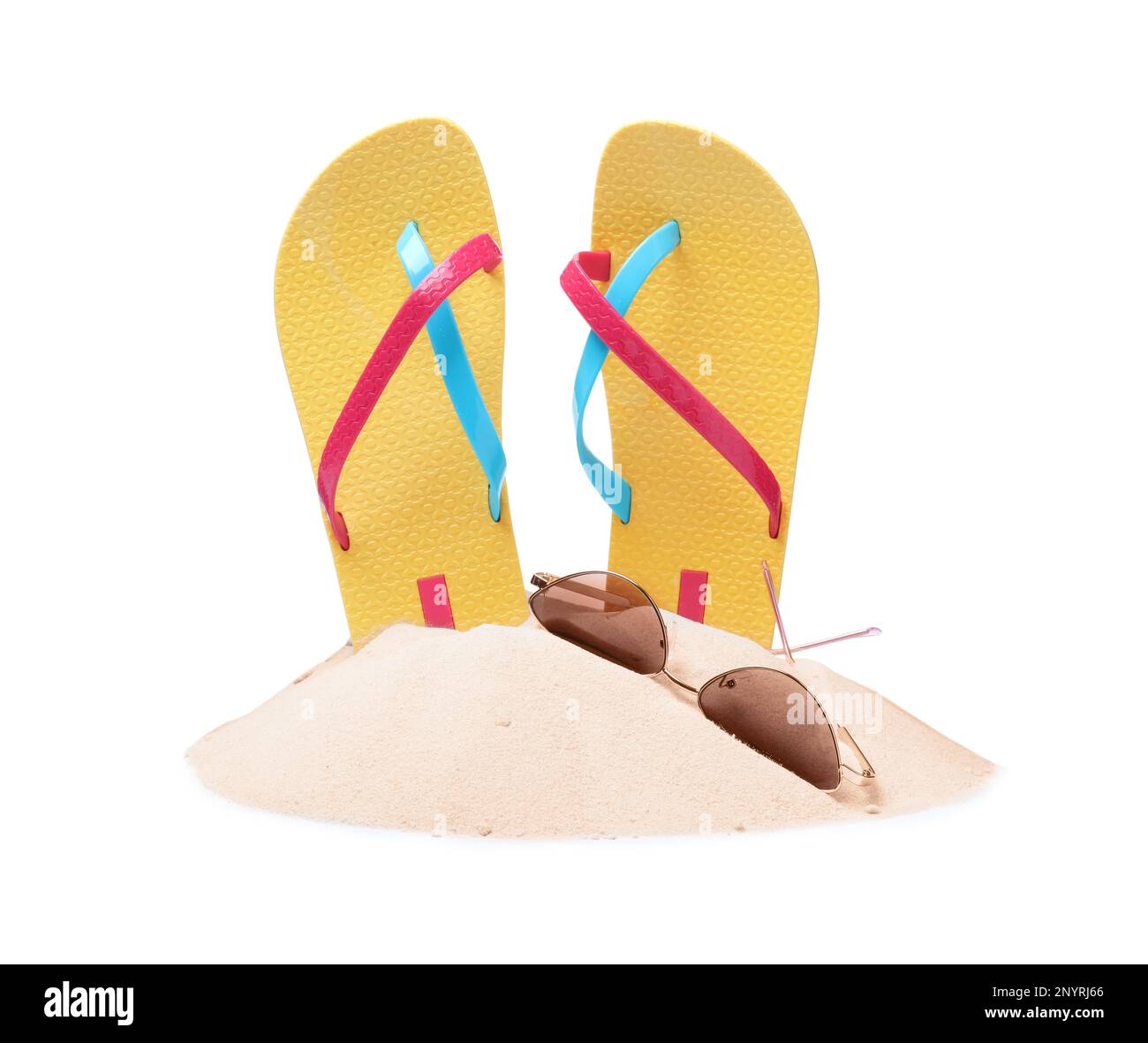 Yellow flip flops in sand and sunglasses on white background Stock ...