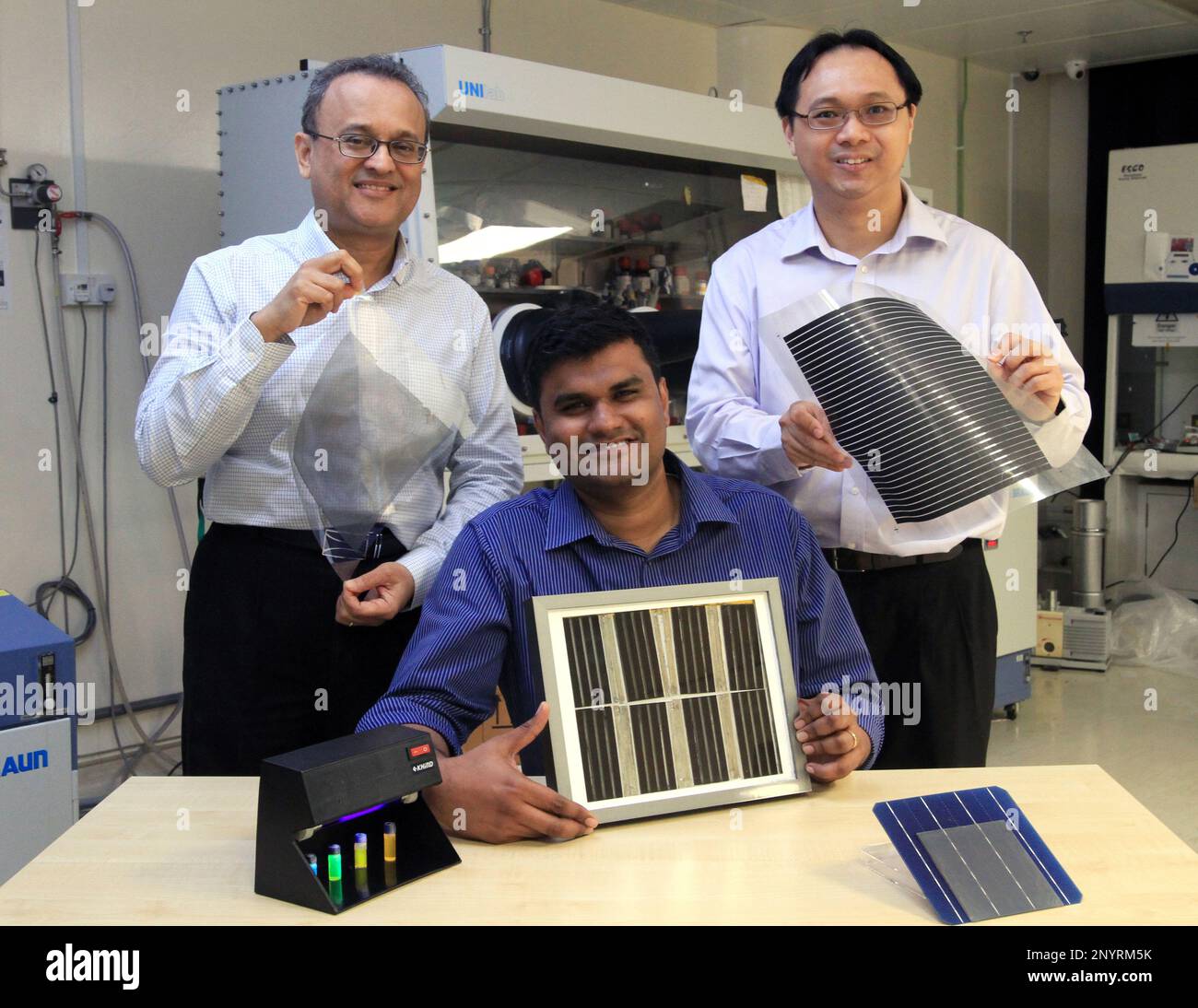 From left) Prof Subodh Mhaisalkar, Executive Director of Energy Research Institute at NTU, Asst Prof Mathews, School of Science and Engineering and Assoc Prof Sum Chien, Associate Dean (Research)