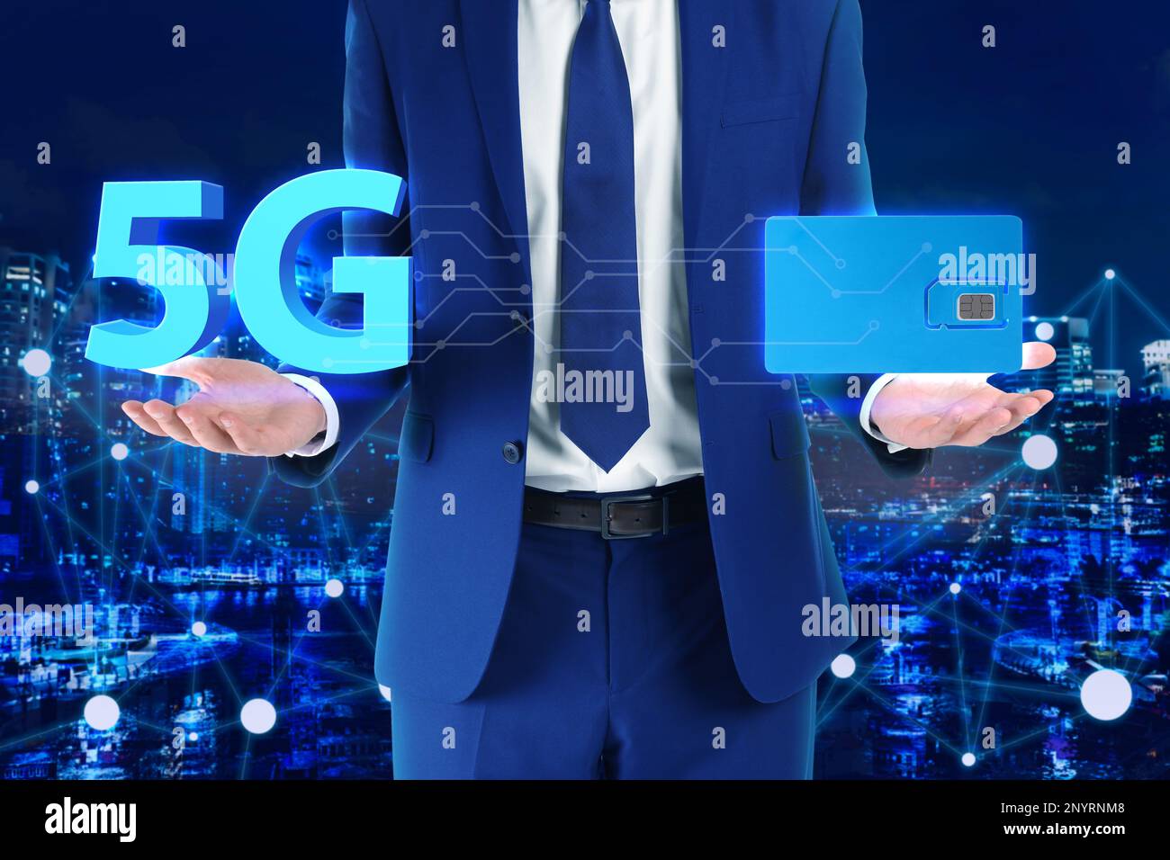 Man demonstrating 5G SIM card model and cityscape with connection lines on background, closeup Stock Photo