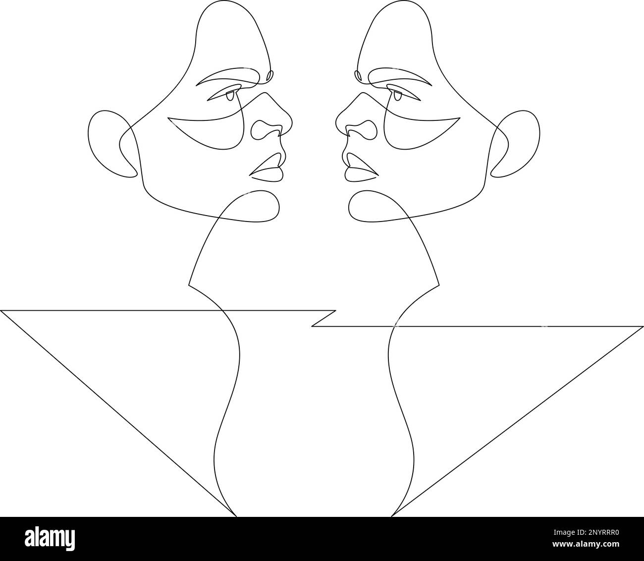 Continuous one line drawing angry woman against her own reflection. Inner conflict concept, mental health problems. Suffering from abuse, self-violenc Stock Vector