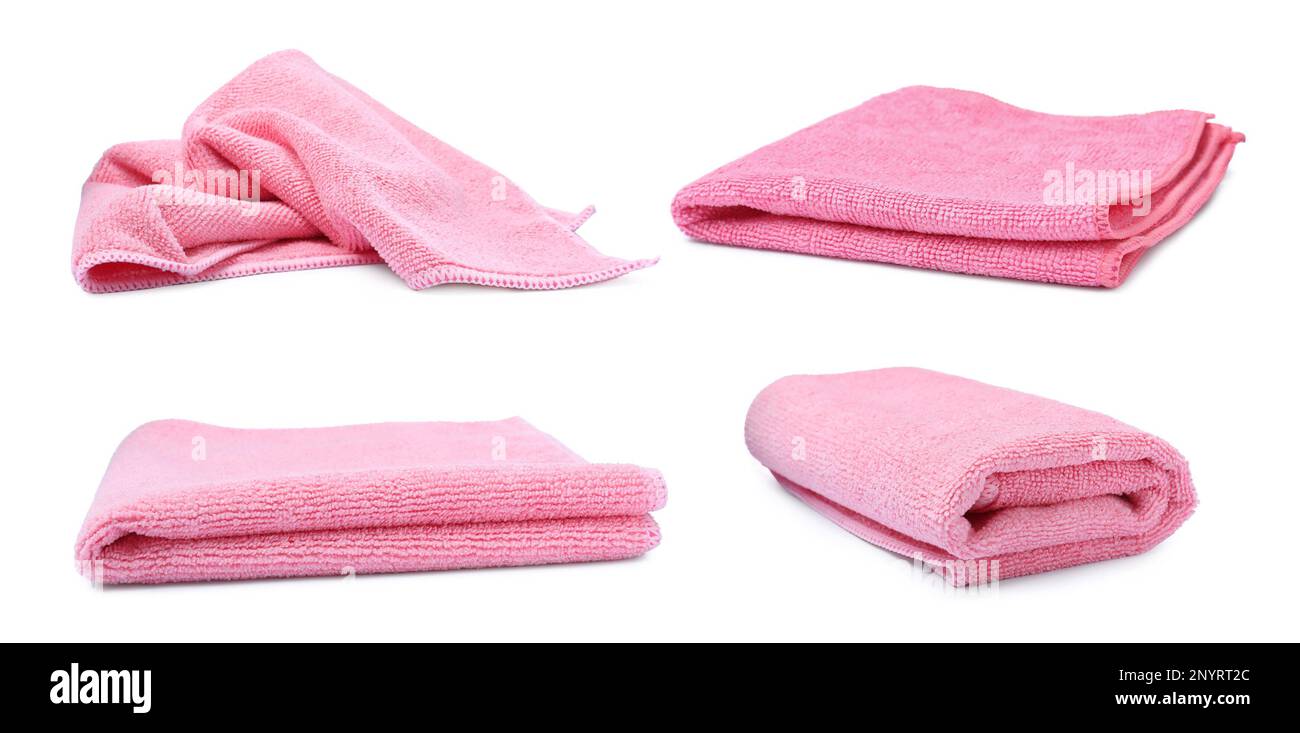 Set with pink microfiber cloths on white background Stock Photo