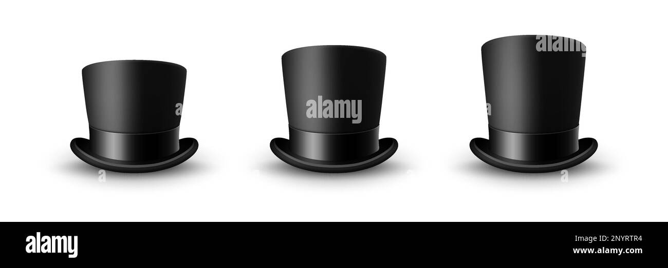 Vector 3d Realistic Black Top Hat Icon Set Closeup with Black Silk