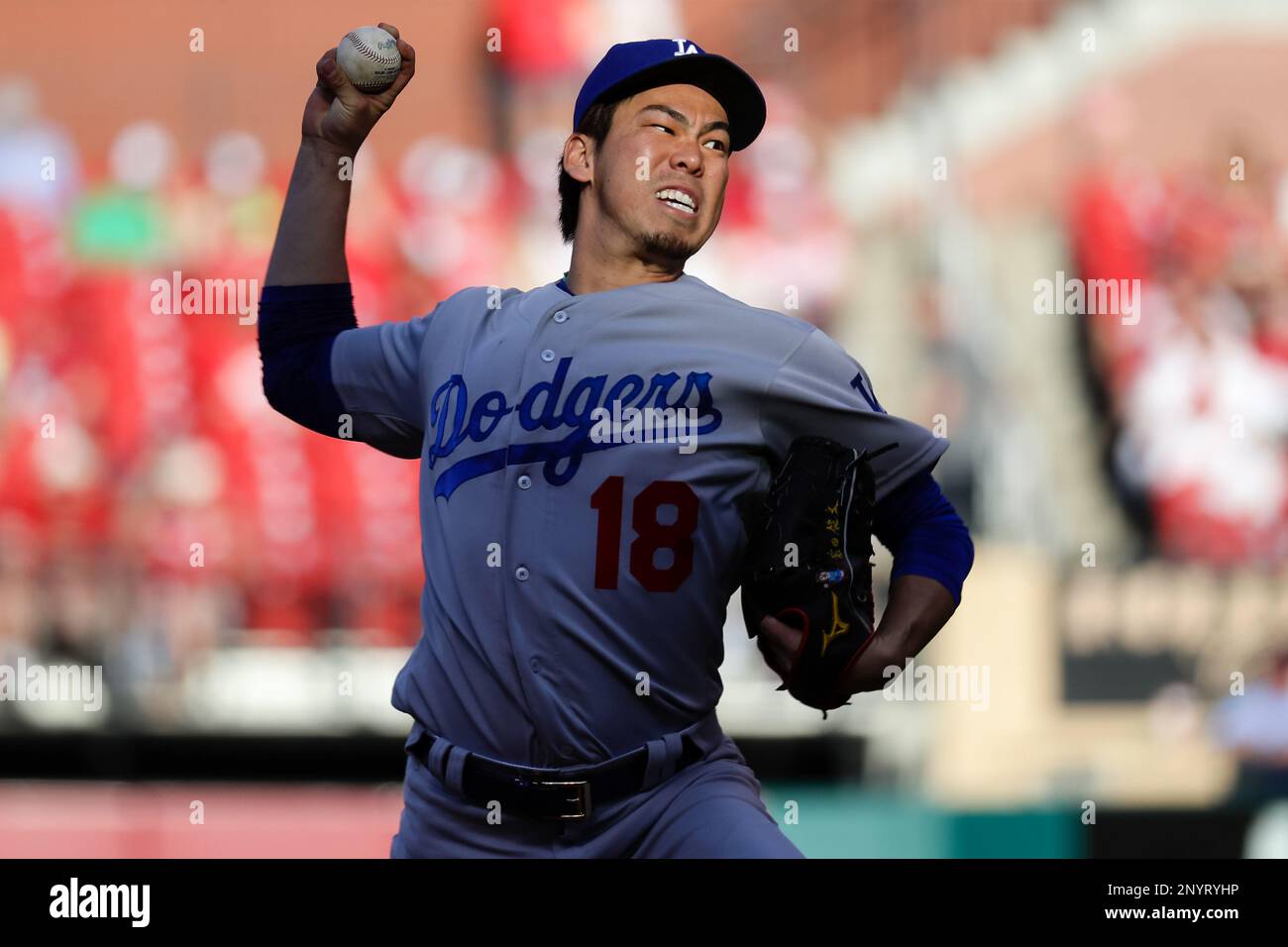 ST. LOUIS, MO - MAY 30: Los Angeles Dodgers starting pitcher Kenta Maeda (18)  delivers during the first inning of a baseball game against the St. Louis  Cardinals May 30, 2017, at