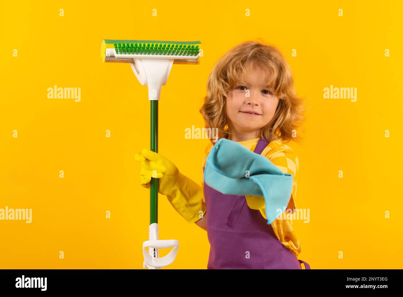 Child doing housework. Children helping with housekeeping, cleaning the