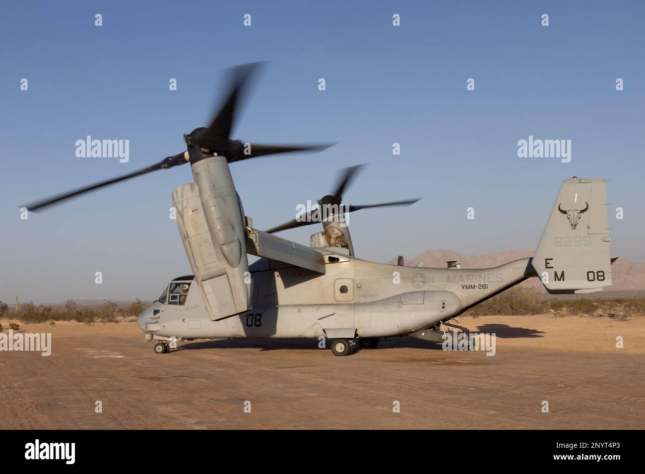 U.S. Marines with Marine Medium Tiltrotor Squadron (VMM) 261 prepare an MV-22B Osprey for takeoff at Lechuguilla Desert, Arizona, Feb. 6, 2023. VMM-261 trained to support Marine ground units during Service Level Training Exercise (SLTE) 2-23. SLTE is a series of exercises designed to prepare Marines for operations around the globe. VMM-261 is a subordinate unit of 2nd Marine Aircraft Wing, the aviation combat element of II Marine Expeditionary Force. Stock Photo