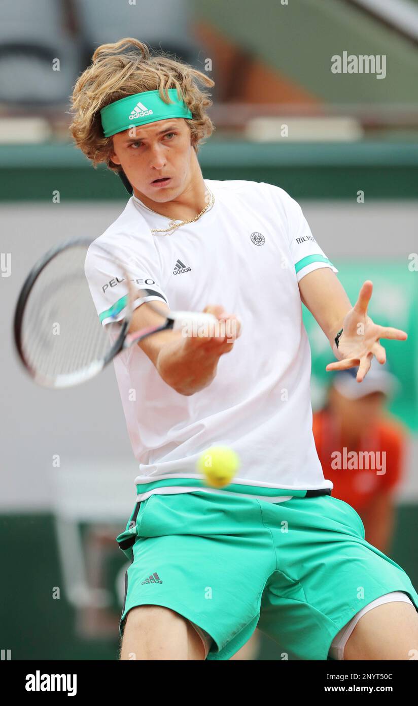 Alexander Zverev of Germany hits a shot during the men's single first round  against Fernando Verdasco of Spain at the French Open tennis tournament at Roland  Garros in Paris, France on May