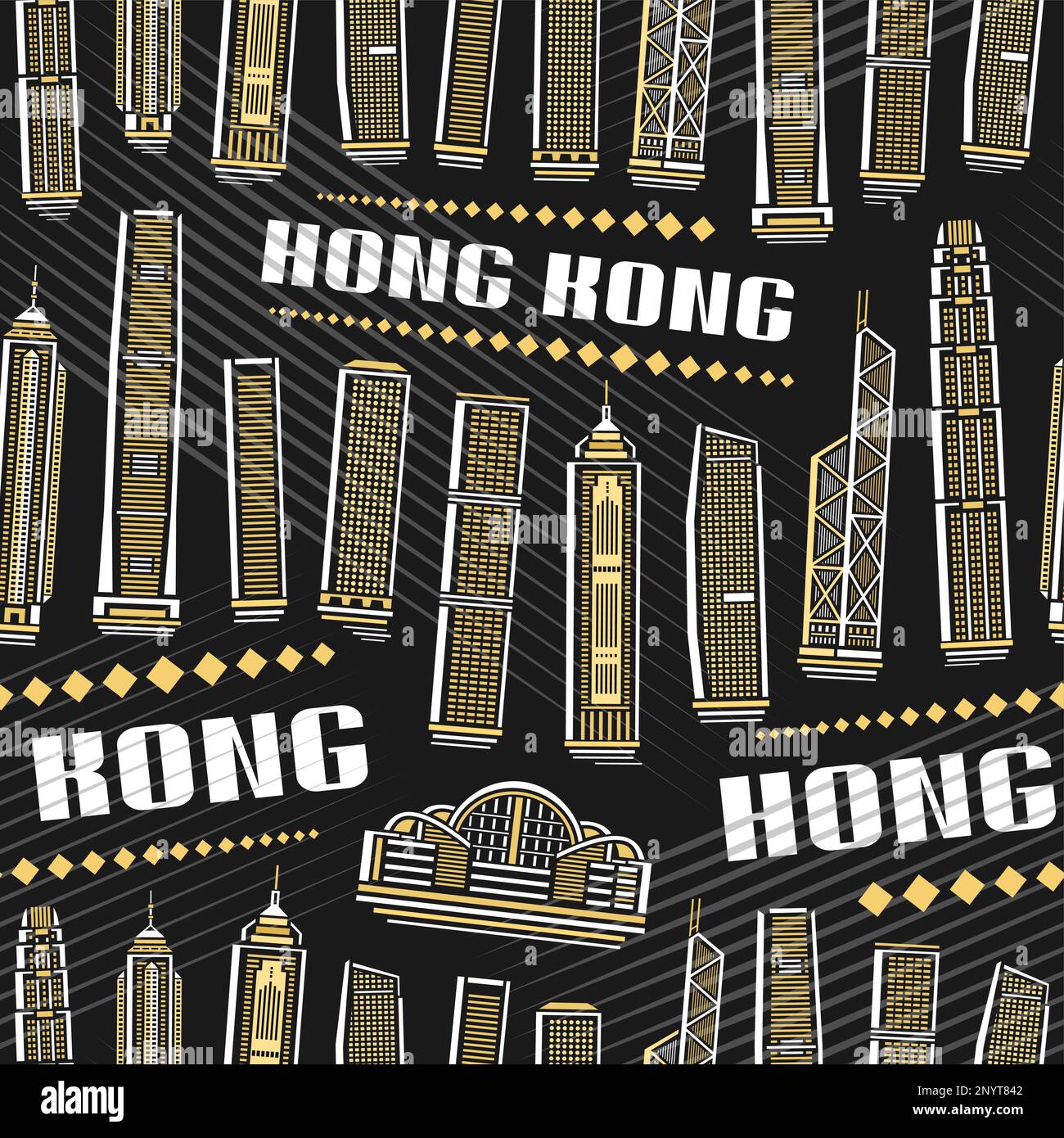 Vector Hong Kong Seamless Pattern, repeating background with illustration of famous asian city scape on dark background for wrapping paper, decorative Stock Vector