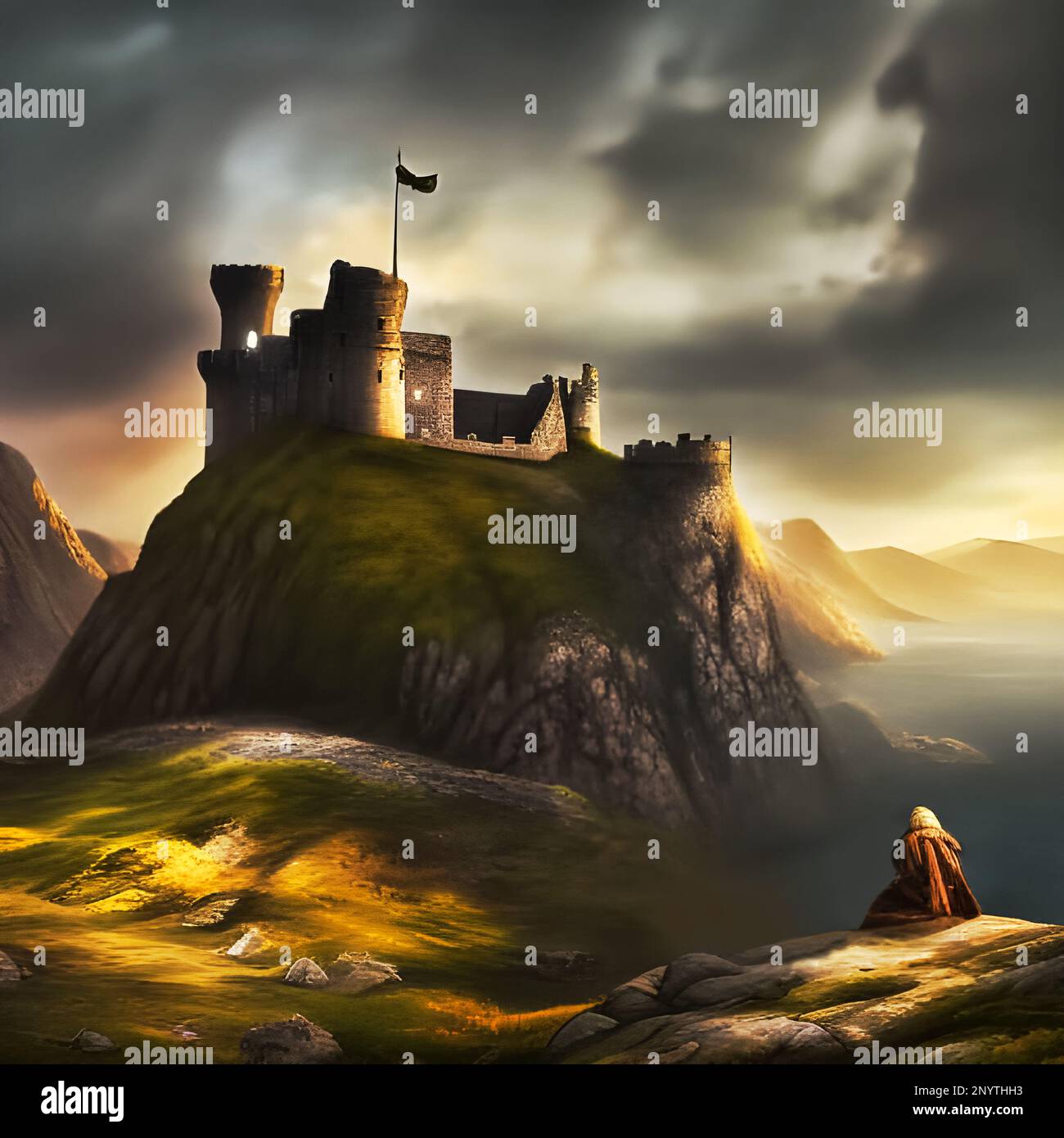 Man looking at a castle on a hill during the middle-ages depiction. Edited AI generated image Stock Photo